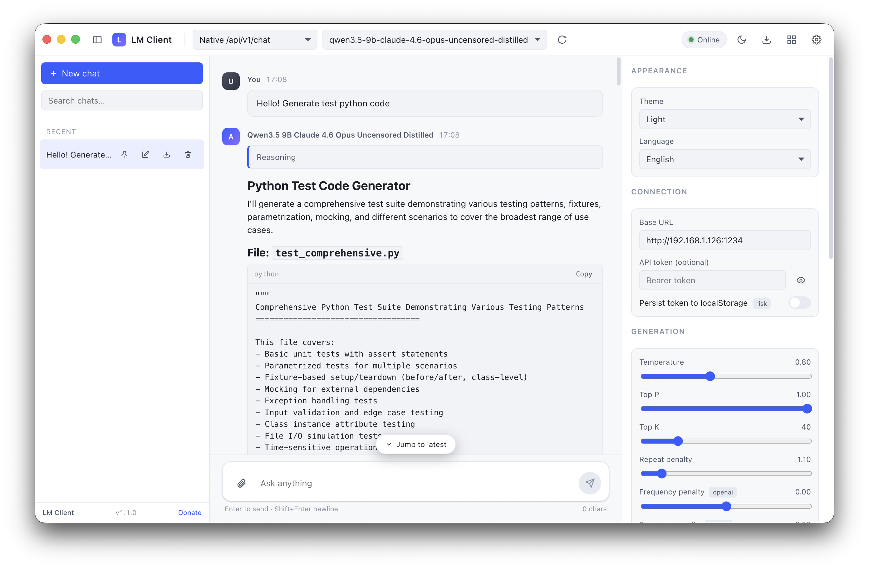 LM Client — chat interface with streaming response and generation controls